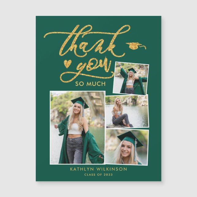 Carte Magnétique Green Elegant Gold 4 Photo Graduation Merci (Devant)