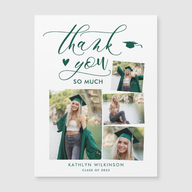 Carte Magnétique Green Elegant Script 4 Photo Graduation Merci (Devant)