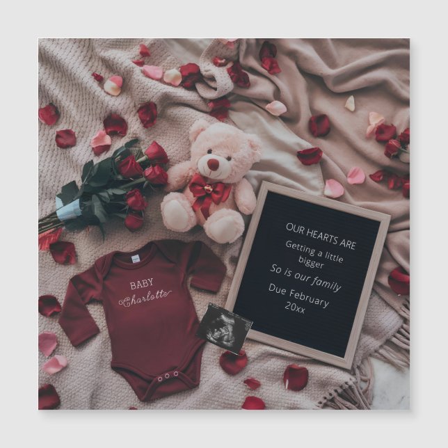 Carte Magnétique Grossesse romantique avec Roses & Teddy (Devant)