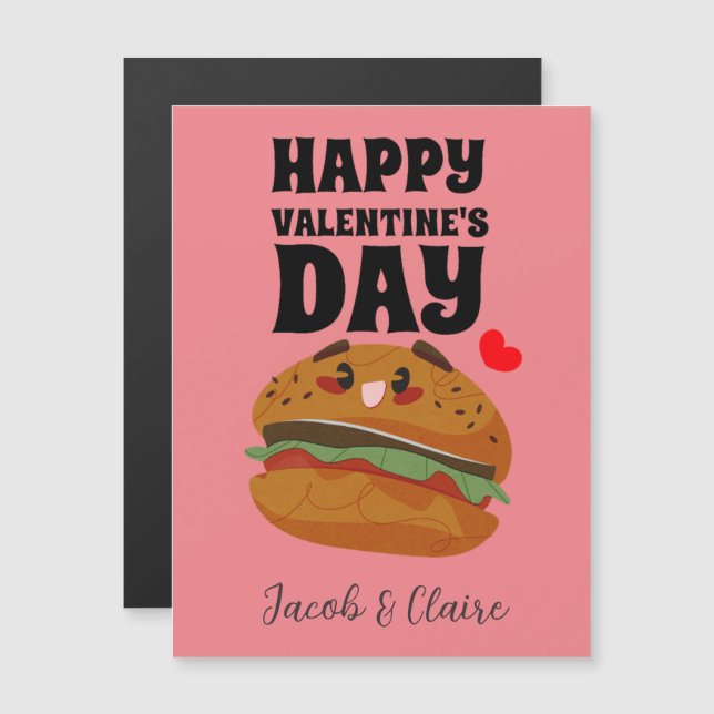 Carte Magnétique hamburger mignon, Happy valentine personnalisez le (Devant / Derrière)