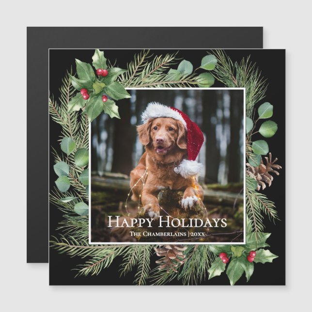 Carte Magnétique Happy Holidays Pet Photo Wreath Magnetic Card (Devant / Derrière)
