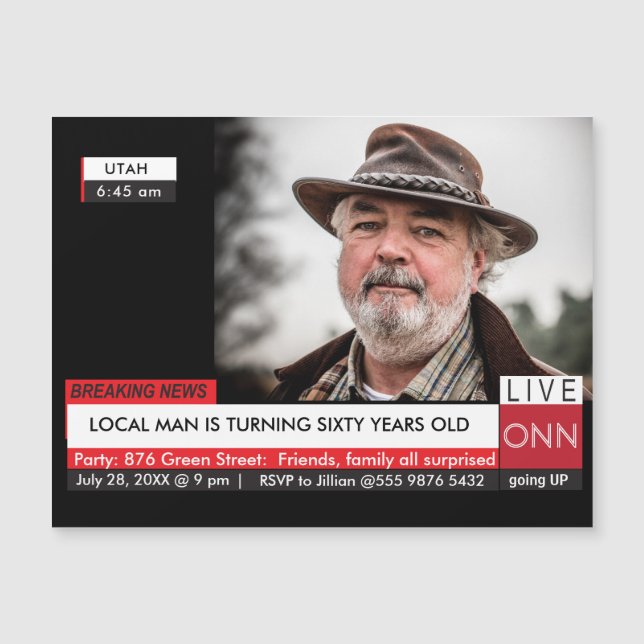 Carte Magnétique Homme's Funny 60th Birthday 📺 TV News (Devant)