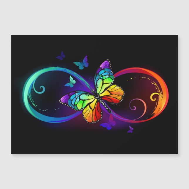 Carte Magnétique Infini vibrant avec papillon arc-en-ciel sur noir (Devant)