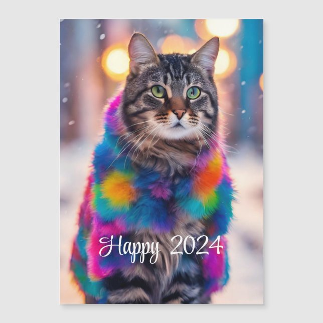 Carte Magnétique Jazzy Kitty en manteau de fourrure - Joyeux 2024 (Devant)