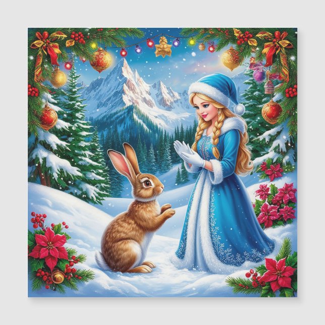 Carte Magnétique Jeune fille de neige dans une scène de forêt hiver (Devant)