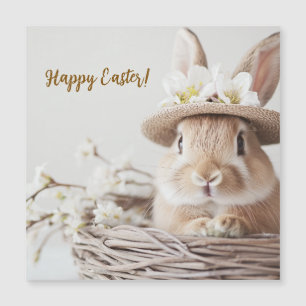 Carte Magnétique joli beau lapin dans un chapeau dans un panier 