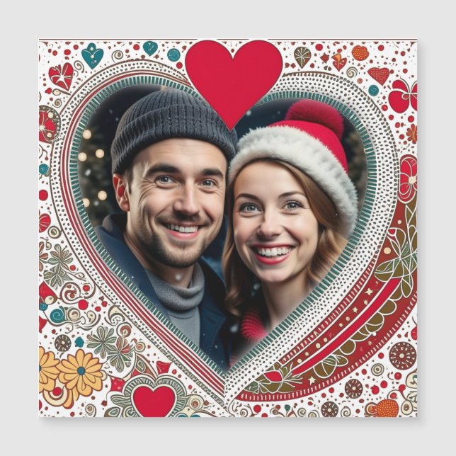 Carte Magnétique Joli cadre de Coeurs Rouge et Turquoise (Devant)