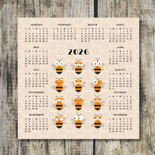 Carte Magnétique Joli Calendrier 2026 de l'Abeille à Miel Drôle en