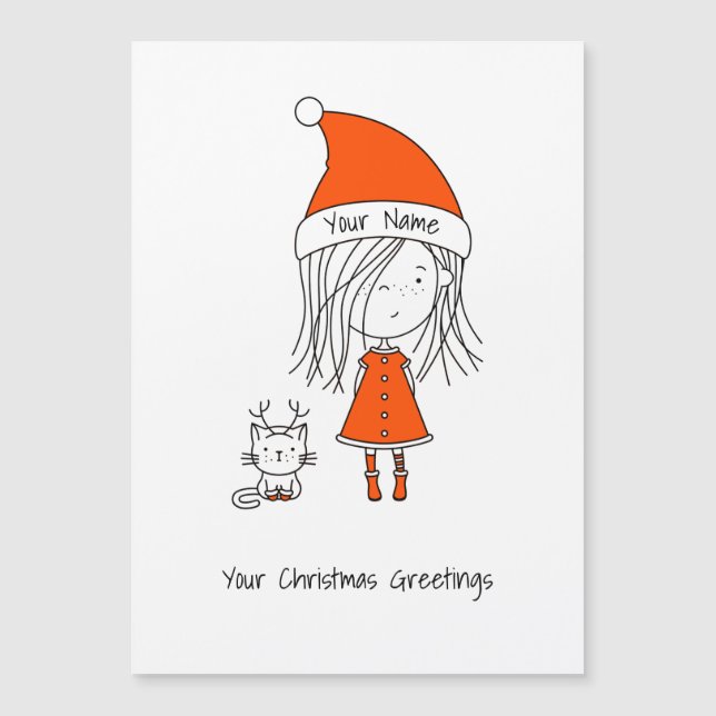 Carte Magnétique Joli dessin animé de Noël Mignon Santa Fille Chat  (Devant)