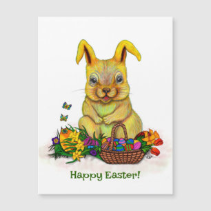 Carte Magnétique Joli lapin de Pâques avec oeufs et fleurs