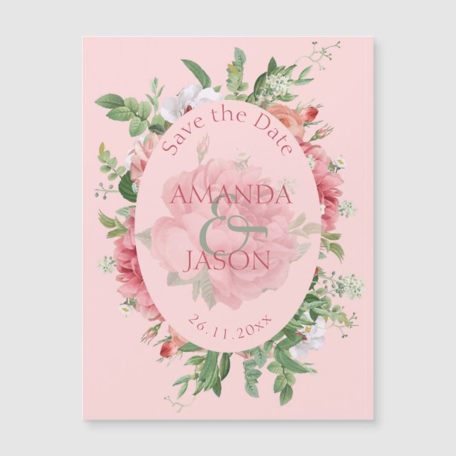 Carte Magnétique Joli mariage rose rose floral Enregistrer la date (Devant)