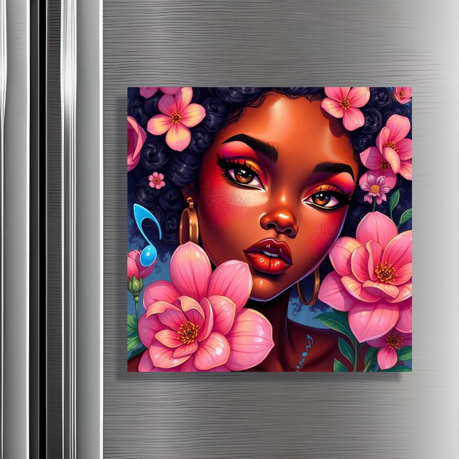 Carte Magnétique Jolie femme de couleur aux fleurs roses (Créateur téléchargé)