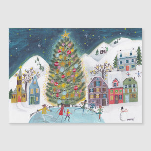 Carte Magnétique Jolie maison d'hiver Village Scène Noël