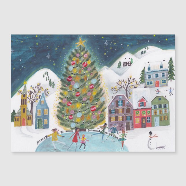 Carte Magnétique Jolie maison d'hiver Village Scène Noël (Devant)