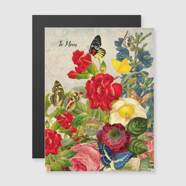 Carte Magnétique Jour des mères Jardin oeillets papillons Rose (Devant / Derrière)
