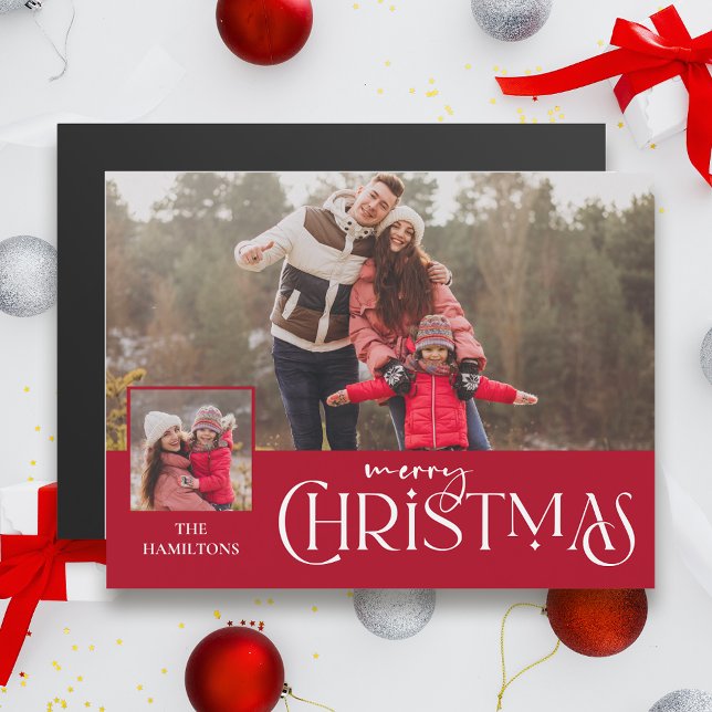 Carte Magnétique Joyeuse typographie de Noël Rouge à deux photos (Créateur téléchargé)