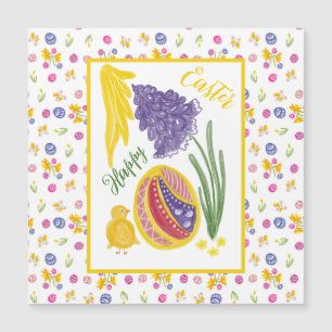 Carte Magnétique Joyeuses Pâques poulet, œuf, motif de jacinthe des