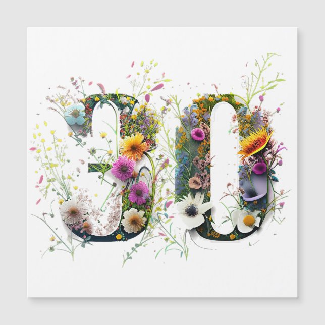Carte Magnétique Joyeux 30e anniversaire Fleurs sauvages et oiseaux (Devant)