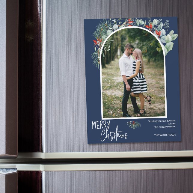 Carte Magnétique Joyeux Arc de Noël Photo Marine Bleu (You will love these beautiful Christmas cards! They feature botanical watercolor pine and berries.)