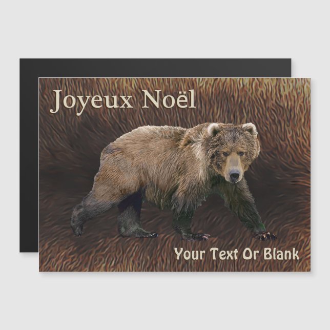 Carte Magnétique Joyeux Noё l - Ours Kodiak Sur Fourrure De Caribou (Devant / Derrière)