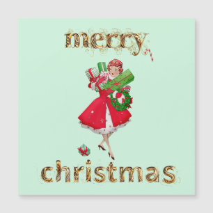 Carte Magnétique Joyeux Noël 1950 Dame vintage avec cadeaux