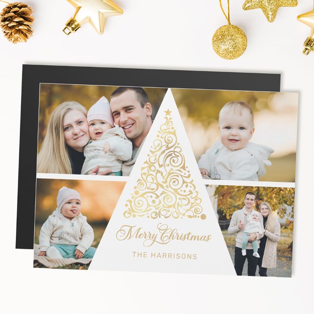 Carte Magnétique Joyeux Noël Arbre à perles d'or 4 Photo Collage (Créateur téléchargé)