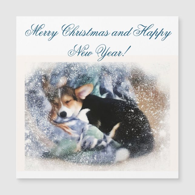 Carte Magnétique Joyeux Noël couché Corgi Chiot (Devant)