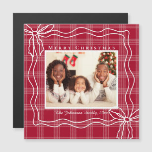Carte Magnétique joyeux noël doodé arc photo rouge plaid aimant