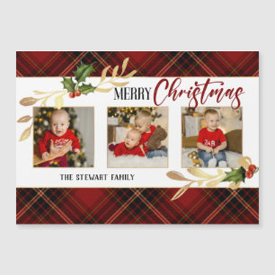 Carte Magnétique Joyeux Noël Gold Feuilles 3 photos Red Tartan