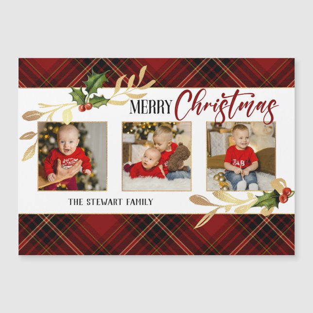 Carte Magnétique Joyeux Noël Gold Feuilles 3 photos Red Tartan (Devant)
