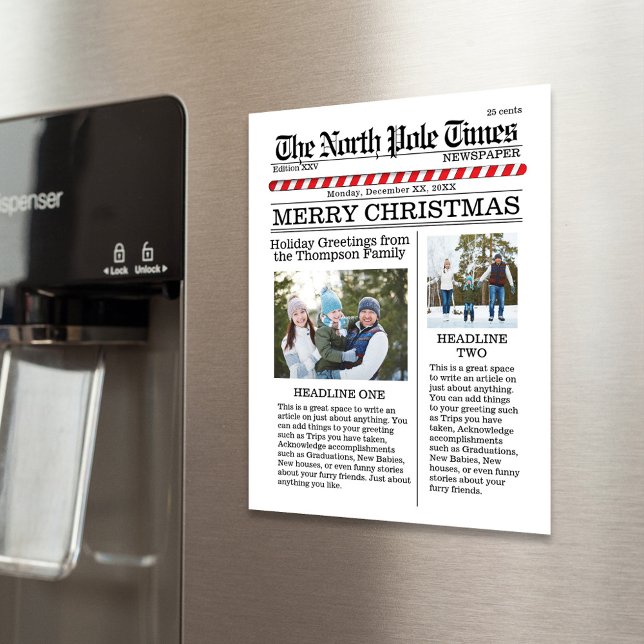 Carte Magnétique Joyeux Noël Multi Photo Fun Pôle Nord Nouveau (Christmas photo magnetic card template with a newspaper print theme. )