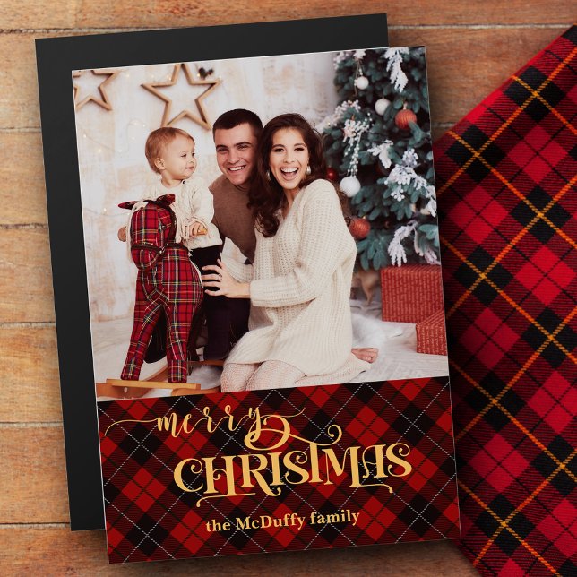 Carte Magnétique Joyeux Noël or sur Red Tartan Photo (Créateur téléchargé)