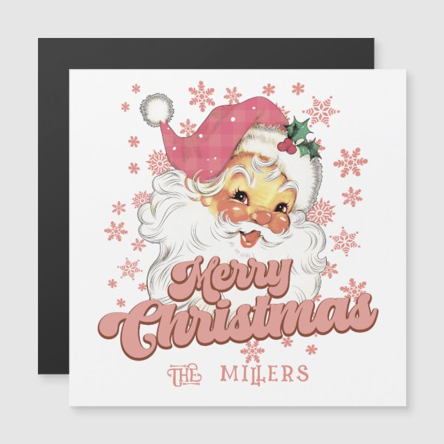 Carte Magnétique Joyeux Noël Retro Typographie Père Noël Pink Casqu (Devant / Derrière)