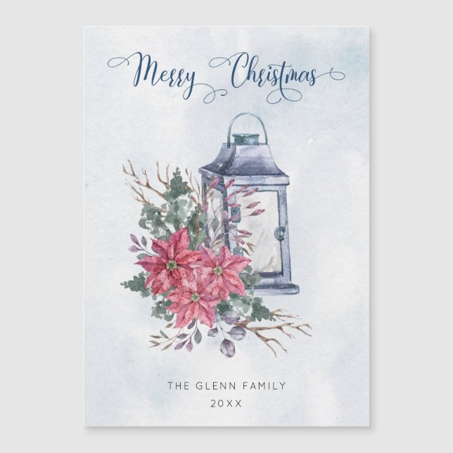 Carte Magnétique Joyeux Noël Script avec aquarelle Poinsettias (Devant)