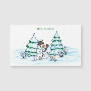 Carte Magnétique Joyeux Noël ! Snowman avec chat et chiot