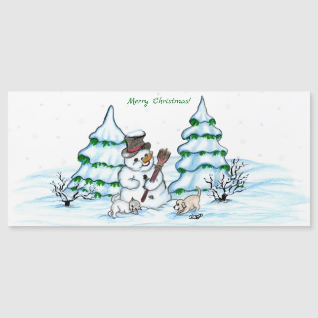 Carte Magnétique Joyeux Noël ! Snowman avec chat et chiot (Devant)