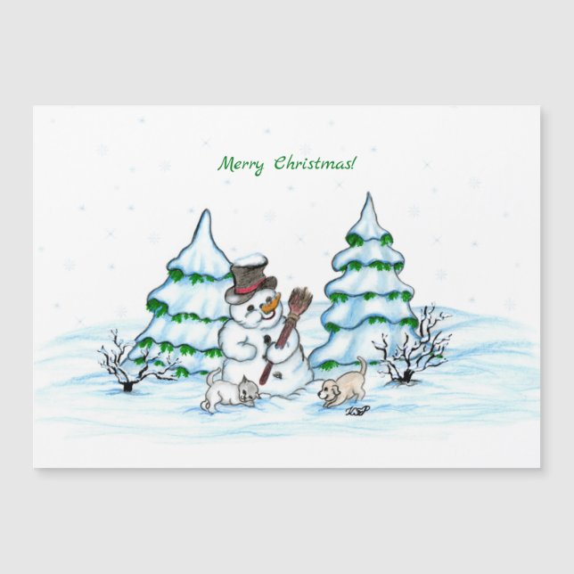 Carte Magnétique Joyeux Noël ! Snowman avec chat et chiot (Devant)