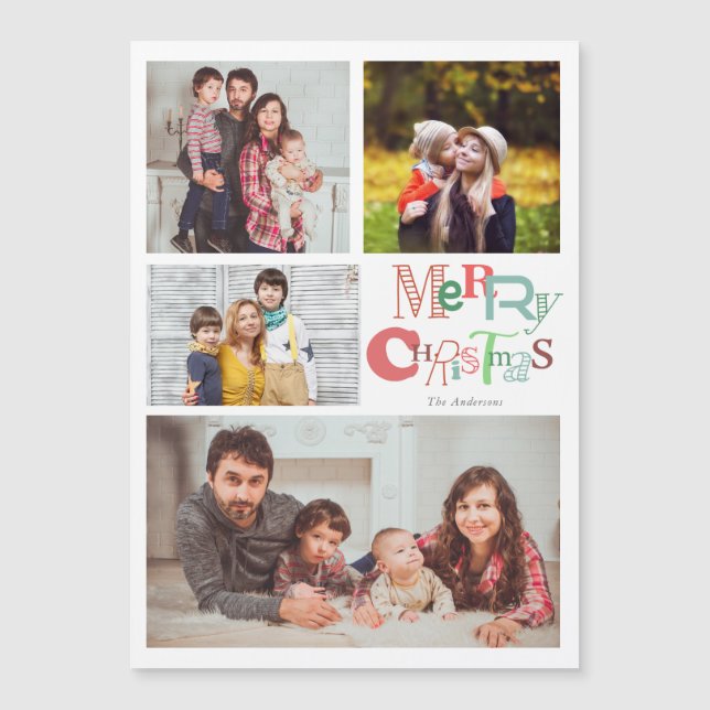 Carte Magnétique joyeux Noël typographie 4 photo collage (Devant)