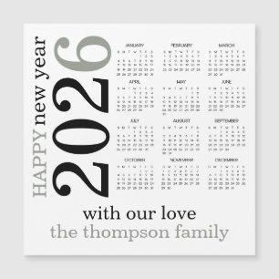 Carte Magnétique Joyeux Nouvel An 2026 Sage Vert Blanc Calendrier