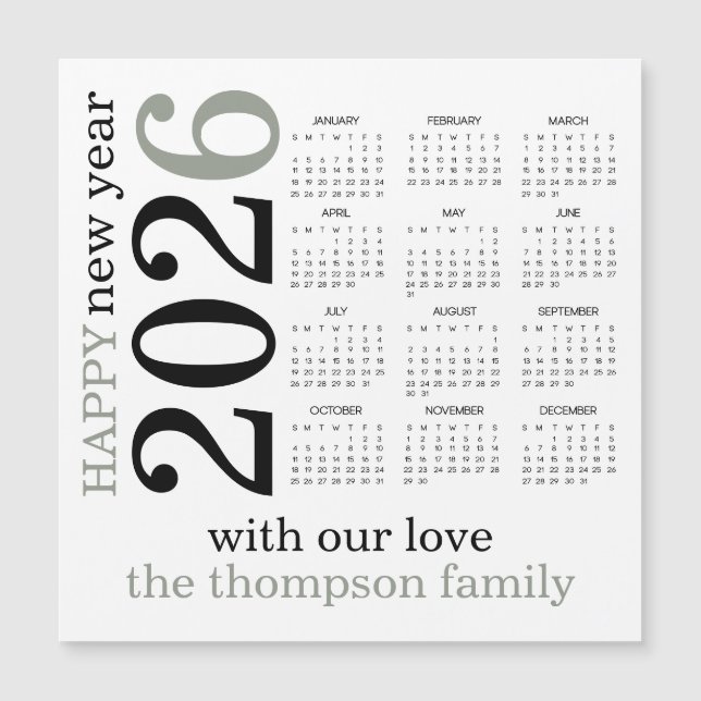 Carte Magnétique Joyeux Nouvel An 2026 Sage Vert Blanc Calendrier (Devant)
