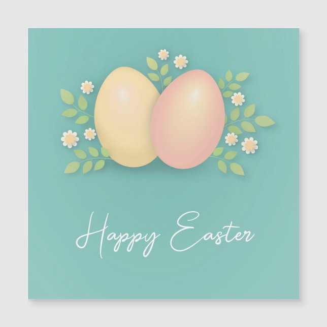 Carte Magnétique Joyeux oeufs de Pâques et fleurs bleu doux (Devant)