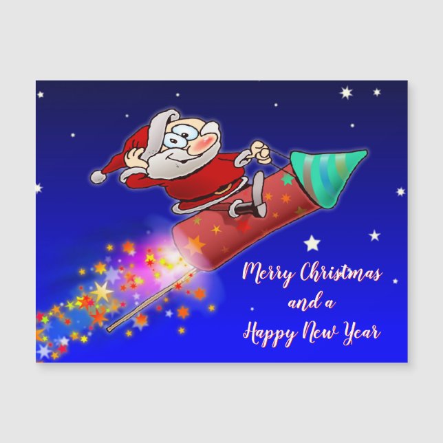 Carte Magnétique Joyeux Père Noël À cheval Sur Une Roquette Du Nouv (Devant)