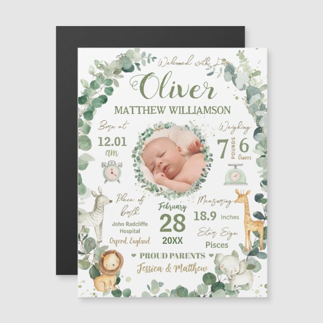 Carte Magnétique Jungle Animaux Bébé Naissance Statistiques Faire-p (Devant / Derrière)