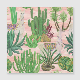 Carte Magnétique Lamas aquarelle et motif cactus.