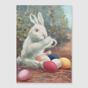 Carte Magnétique Lapin blanc Vintage doux avec oeufs de Pâques