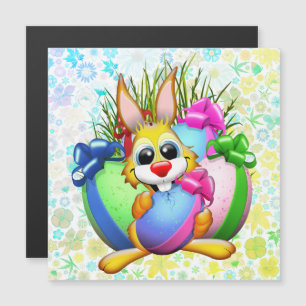 Carte Magnétique Lapin drôle mordant un œuf de Pâques