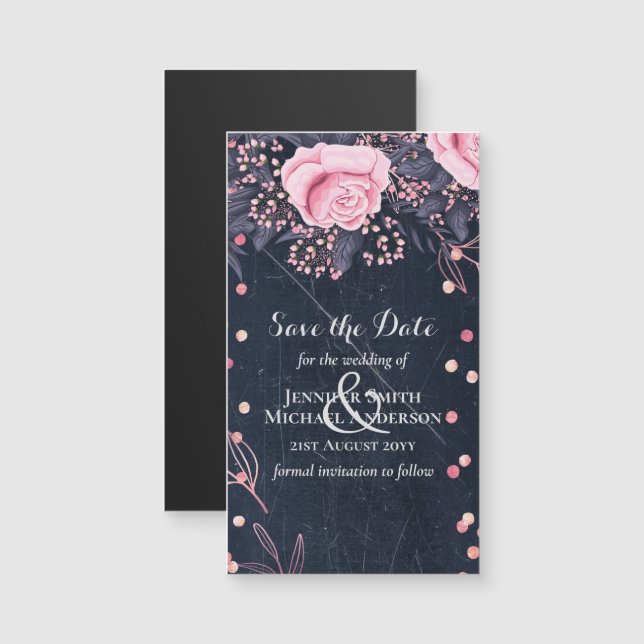 Carte Magnétique LeahG Denim Blue Rosegold rose Mariage floral (Devant / Derrière)