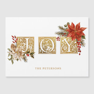Carte Magnétique Lettres de bloc Joy Illuminé Or avec Poinsettias