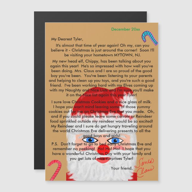 Carte Magnétique Lettres personnalisées du Père Noël (Devant / Derrière)