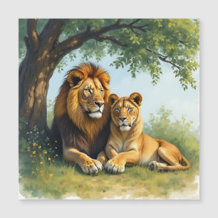 Carte Magnétique Lion et lionne côte à côte sous l'arbre
